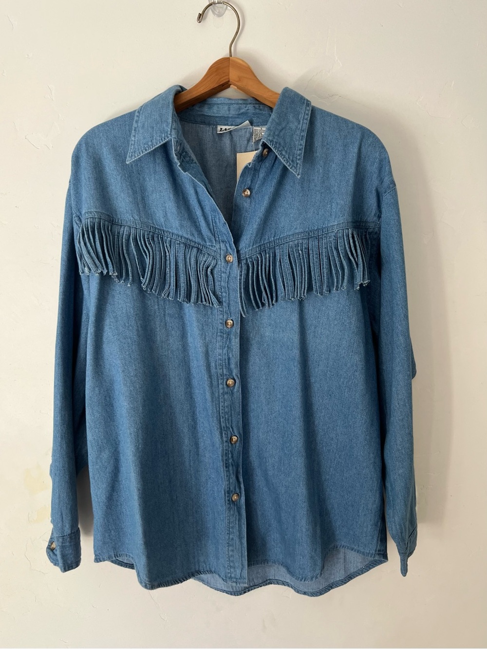 LAS OLAS Denim Fringe Western Button-Up Shirt NWT